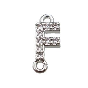 copper letter-F connector pave zircon, platinum plated, approx 8mm
