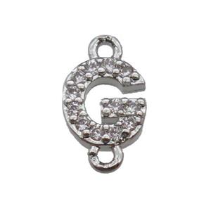 copper letter-G connector pave zircon, platinum plated, approx 8mm