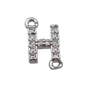 copper letter-H connector pave zircon, platinum plated, approx 8mm