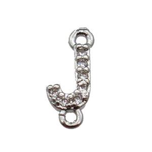 copper letter-J connector pave zircon, platinum plated, approx 8mm