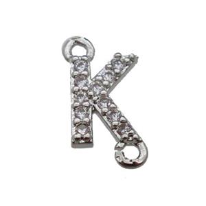 copper letter-K connector pave zircon, platinum plated, approx 8mm
