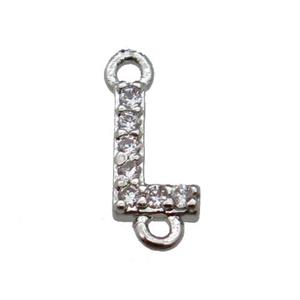 copper letter-L connector pave zircon, platinum plated, approx 8mm