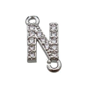 copper letter-N connector pave zircon, platinum plated, approx 8mm