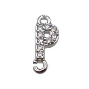 copper letter-P connector pave zircon, platinum plated, approx 8mm