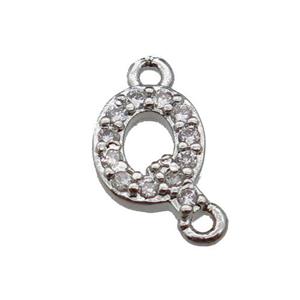 copper letter-Q connector pave zircon, platinum plated, approx 8mm