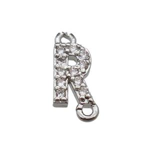 copper letter-R connector pave zircon, platinum plated, approx 8mm