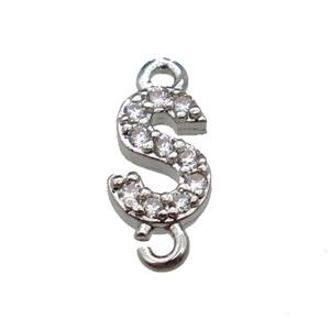copper letter-S connector pave zircon, platinum plated, approx 8mm