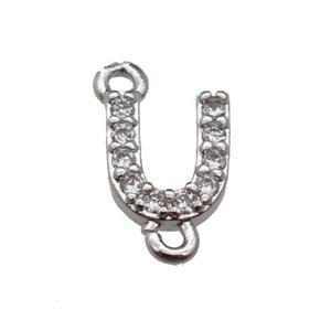 copper letter-U connector pave zircon, platinum plated, approx 8mm