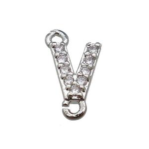 copper letter-V connector pave zircon, platinum plated, approx 8mm