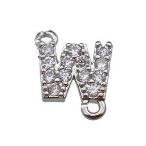 copper letter-W connector pave zircon, platinum plated, approx 8mm