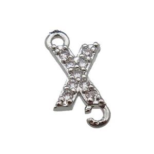 copper letter-X connector pave zircon, platinum plated, approx 8mm