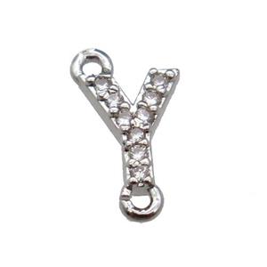 copper letter-Y connector pave zircon, platinum plated, approx 8mm