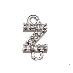 copper letter-Z connector pave zircon, platinum plated, approx 8mm