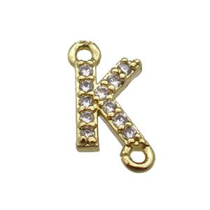 copper letter-K connector pave zircon, gold plated, approx 8mm