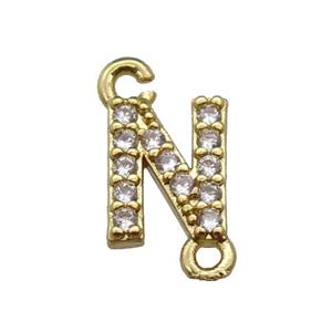 copper letter-N connector pave zircon, gold plated, approx 8mm