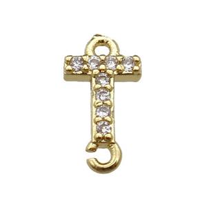 copper letter-T connector pave zircon, gold plated, approx 8mm