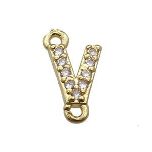 copper letter-V connector pave zircon, gold plated, approx 8mm