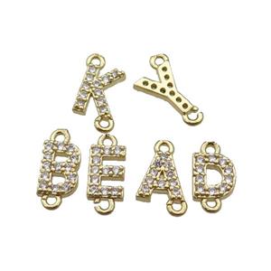 mix copper alphabet letter connector pave zircon, gold plated, approx 8mm