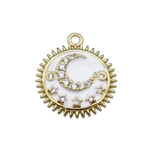 copper Sun moon pendant pave zircon, white enamel, gold plated, approx 15mm dia