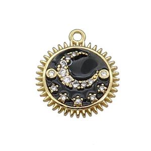 copper Sun moon pendant pave zircon, black enamel, gold plated, approx 15mm dia