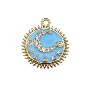 copper Sun moon pendant pave zircon, blue enamel, gold plated, approx 15mm dia