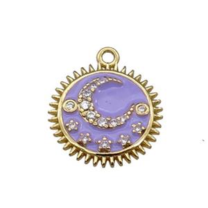 copper Sun moon pendant pave zircon, lavender enamel, gold plated, approx 15mm dia