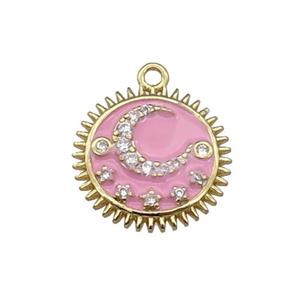 copper Sun moon pendant pave zircon, pink enamel, gold plated, approx 15mm dia