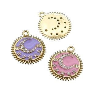 mix copper Sun moon pendant pave zircon, enamel, gold plated, approx 15mm dia