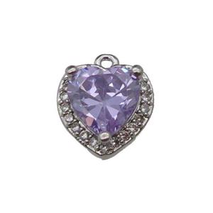 copper Heart pendant pave zircon, purple, platinum plated, approx 9mm