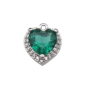 copper Heart pendant pave zircon, green, platinum plated, approx 9mm