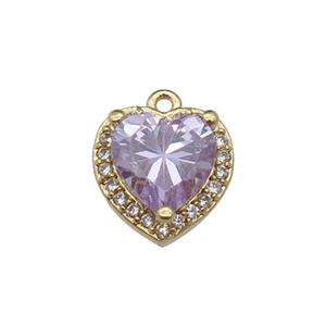 copper Heart pendant pave zircon, lavender, gold plated, approx 9mm