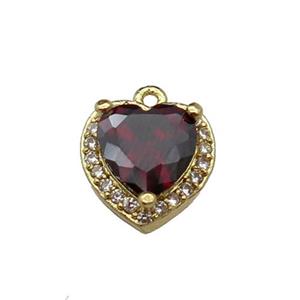 copper Heart pendant pave zircon, red, gold plated, approx 9mm