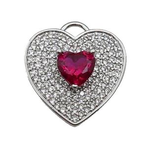 copper Heart pendant pave zircon, ruby, platinum plated, approx 17mm