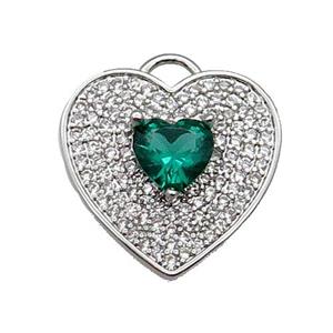 copper Heart pendant pave zircon, green, platinum plated, approx 17mm