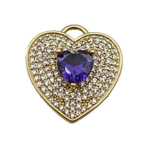 copper Heart pendant pave zircon, purple, gold plated, approx 17mm