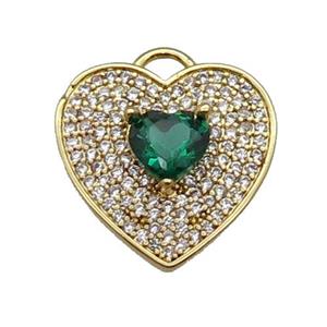 copper Heart pendant pave zircon, green, gold plated, approx 17mm
