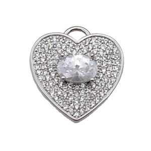 copper Heart pendant pave zircon, clear, platinum plated, approx 17mm
