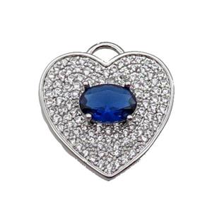 copper Heart pendant pave zircon, blue, platinum plated, approx 17mm