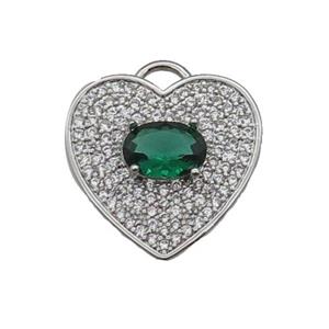 copper Heart pendant pave zircon, green, platinum plated, approx 17mm