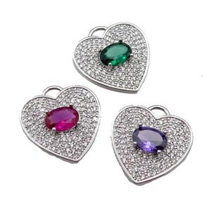 mix copper Heart pendant pave zircon, platinum plated, approx 17mm