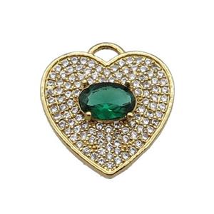 copper Heart pendant pave zircon, green, gold plated, approx 17mm