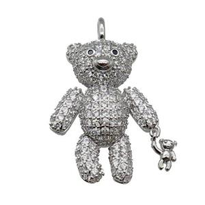 copper Bear charm pendant pave zircon, platinum plated, approx 20-26mm, 3mm hole