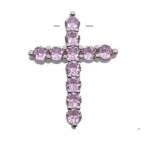 copper Cross pendant pave zircon, pink, platinum plated, approx 20-27mm