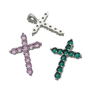 copper Cross pendant pave zircon, mixed, platinum plated, approx 20-27mm