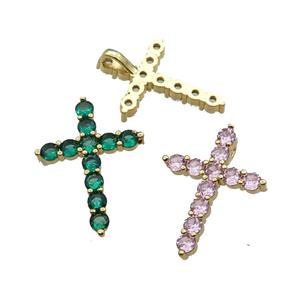 copper Cross pendant pave zircon, mix, gold plated, approx 20-27mm