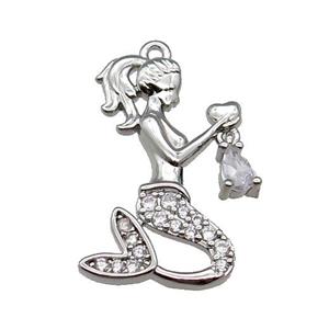 copper Mermaid charm pendant pave zircon, platinum plated, approx 14-25mm
