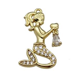 copper Mermaid charm pendant pave zircon, gold plated, approx 14-25mm