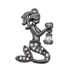 copper Mermaid charm pendant pave zircon, black plated, approx 14-25mm