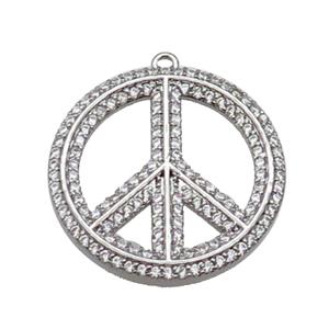 copper Peace Sign pendant pave zircon, platinum plated, approx 24mm dia
