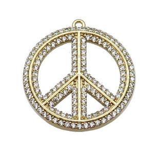 copper Peace Sign pendant pave zircon, gold plated, approx 24mm dia
